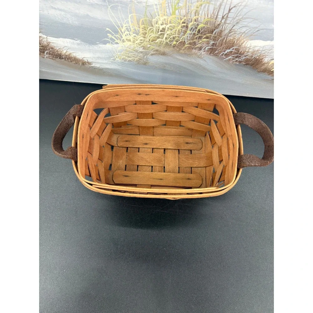 Longaberger 1989 Rectangular Woven Wood Basket with Leather Handles Dresden Ohio